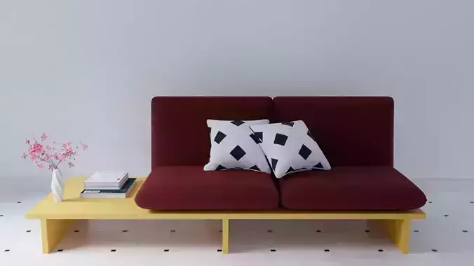 Bench sofa with pillows and coffee table