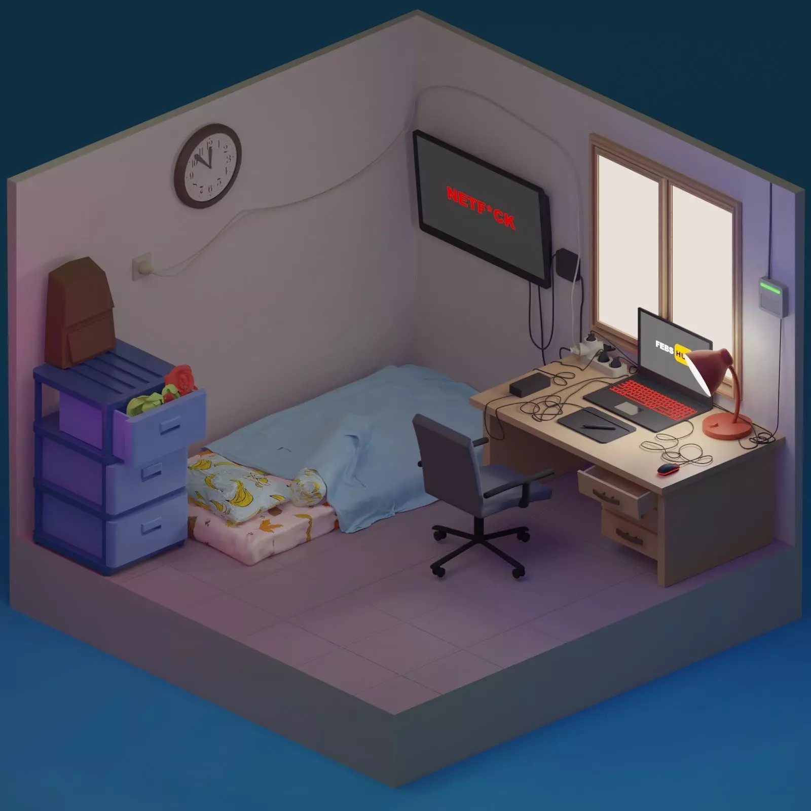 Small Bedroom Low-poly 3D model_0