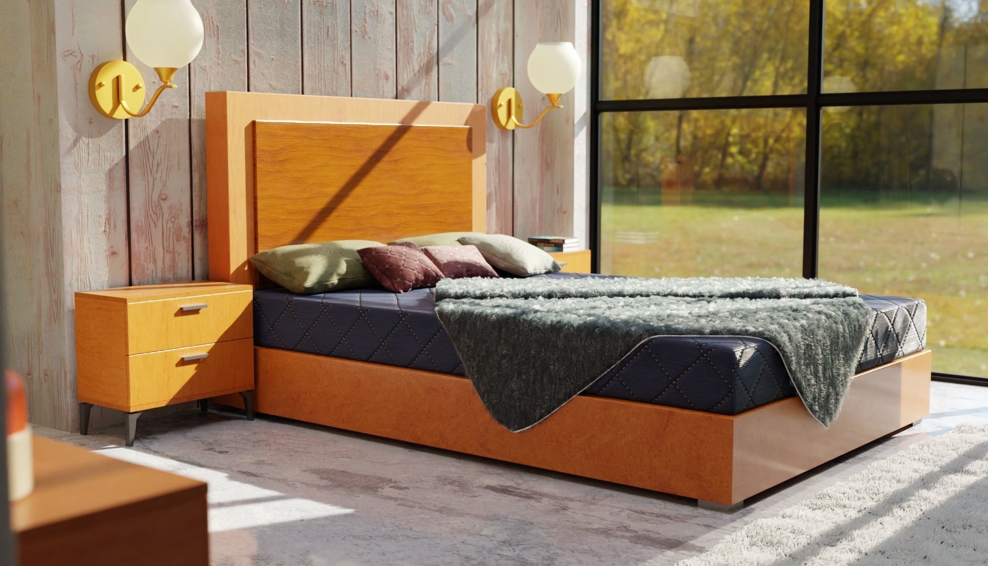 Bedroom modern with wooden walls 3D model_3