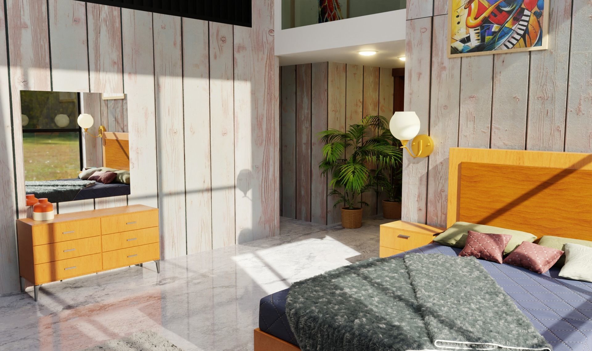 Bedroom modern with wooden walls 3D model_1