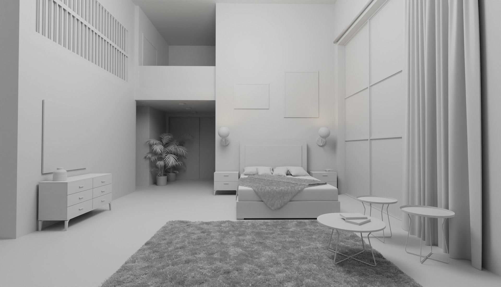 Bedroom modern with wooden walls 3D model_4