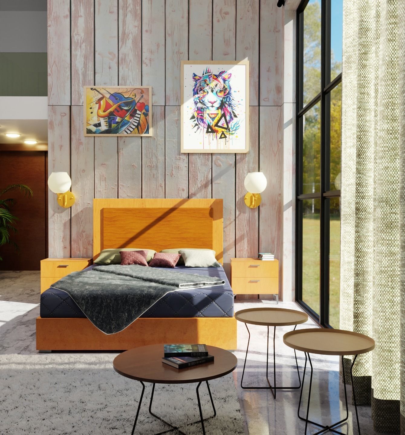 Bedroom modern with wooden walls 3D model_2