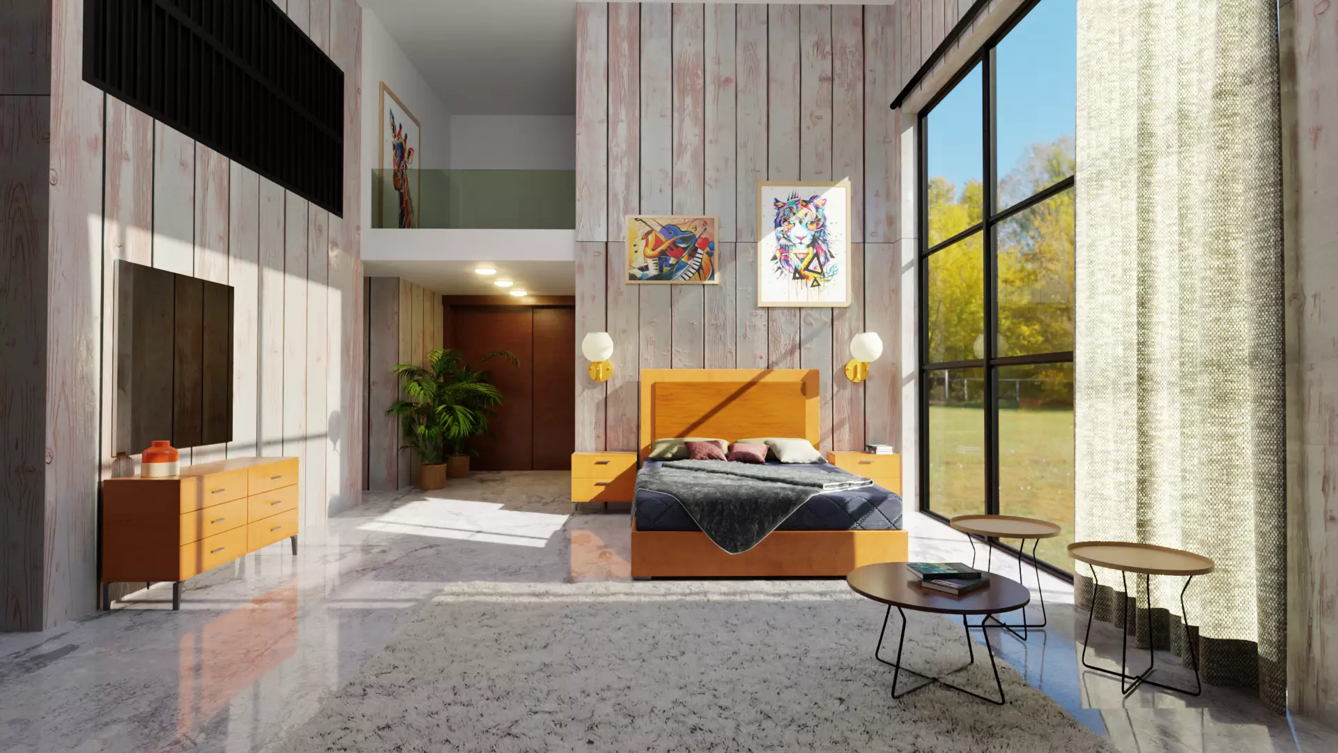 Bedroom modern with wooden walls 3D model_0