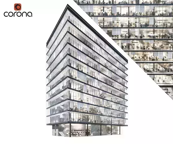 Modern office building 04 at night with simple interiors 3D model