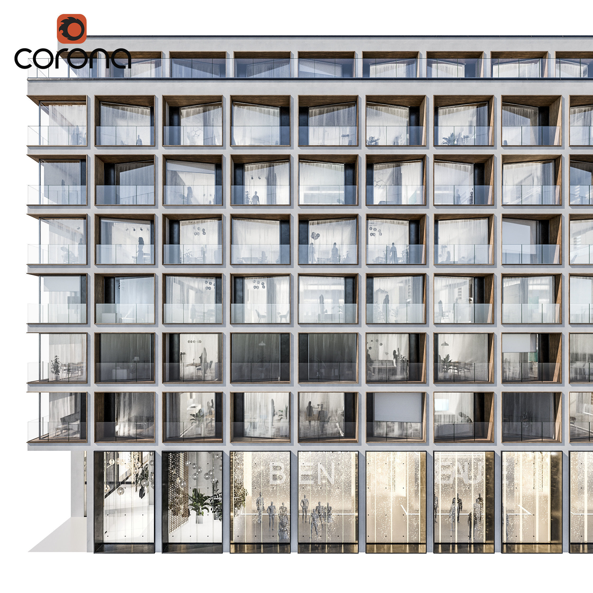 Modern residential building 06 at night with simple interiors 3D model_1