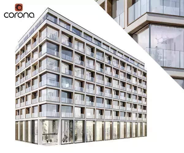 Modern residential building 06 at night with simple interiors 3D model