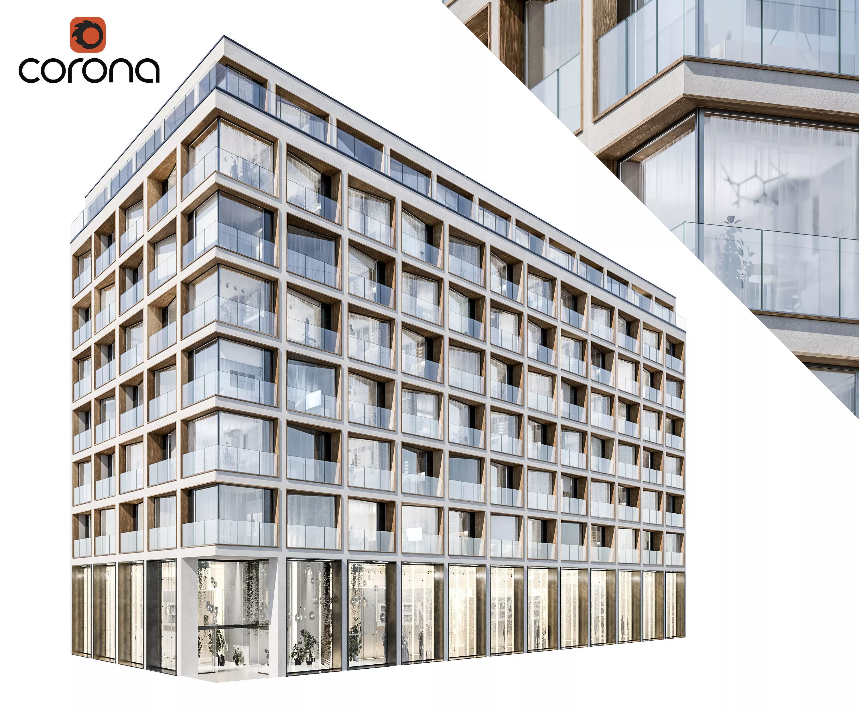 Modern residential building 06 at night with simple interiors 3D model_0