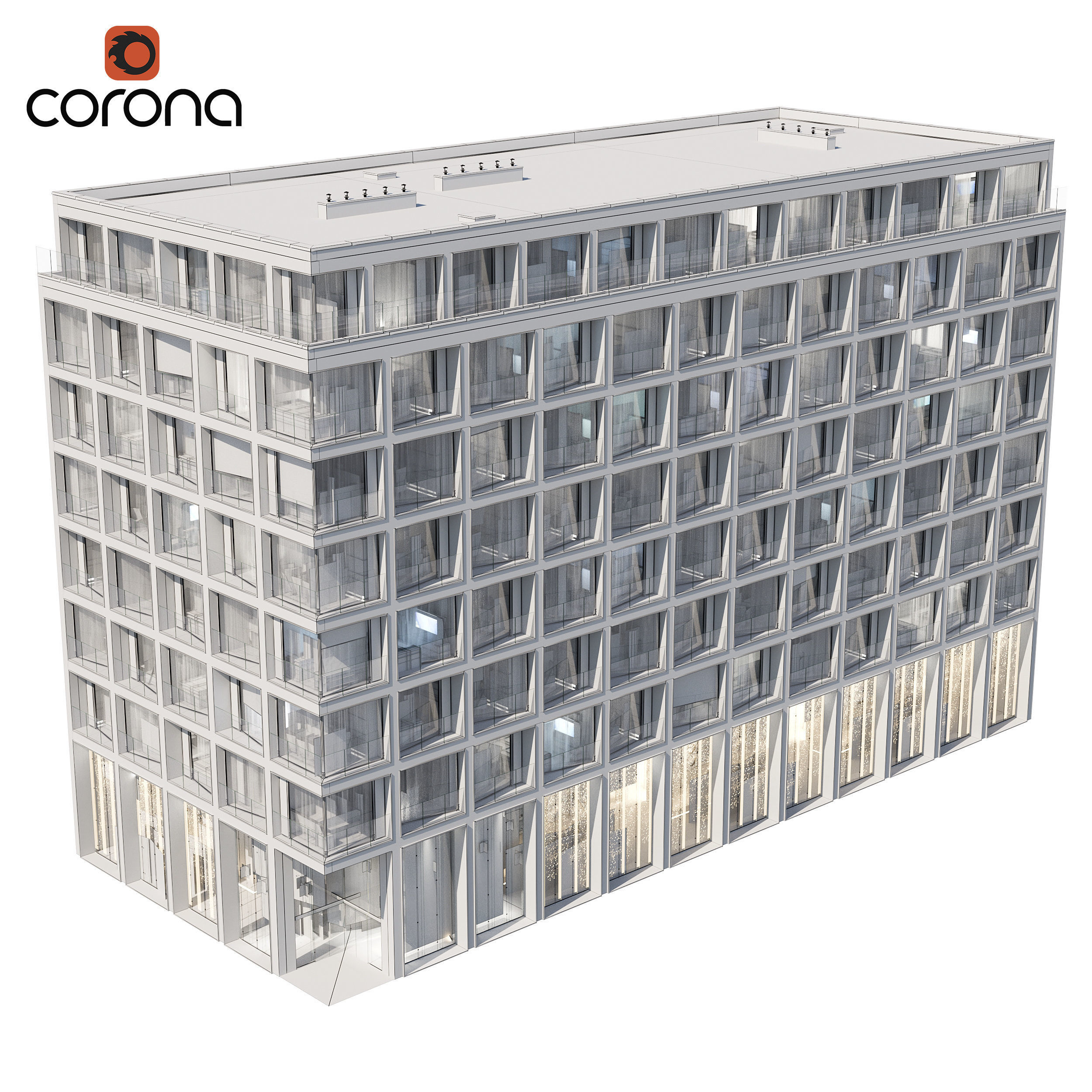 Modern residential building 06 at night with simple interiors 3D model_3