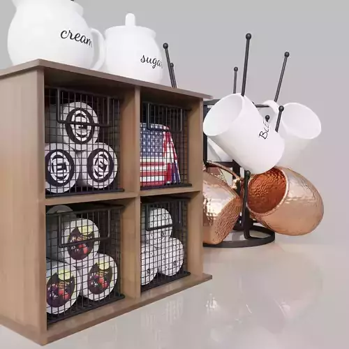 tableware coffee mugs and cups in wire basket