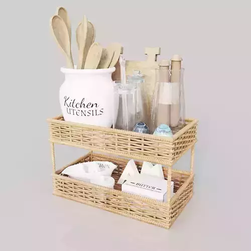 tableware kitchen utensils in wicker basket