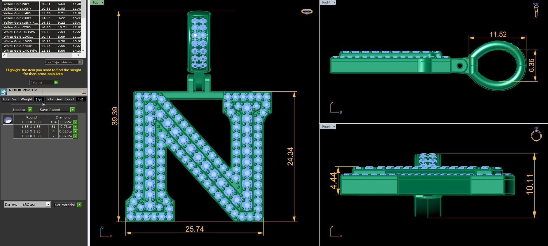 Latter N letter pendant gold with diamonds 3D print model_9