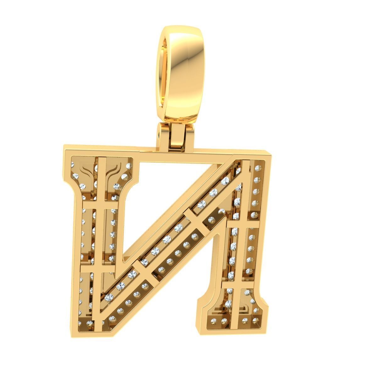 Latter N letter pendant gold with diamonds 3D print model_4