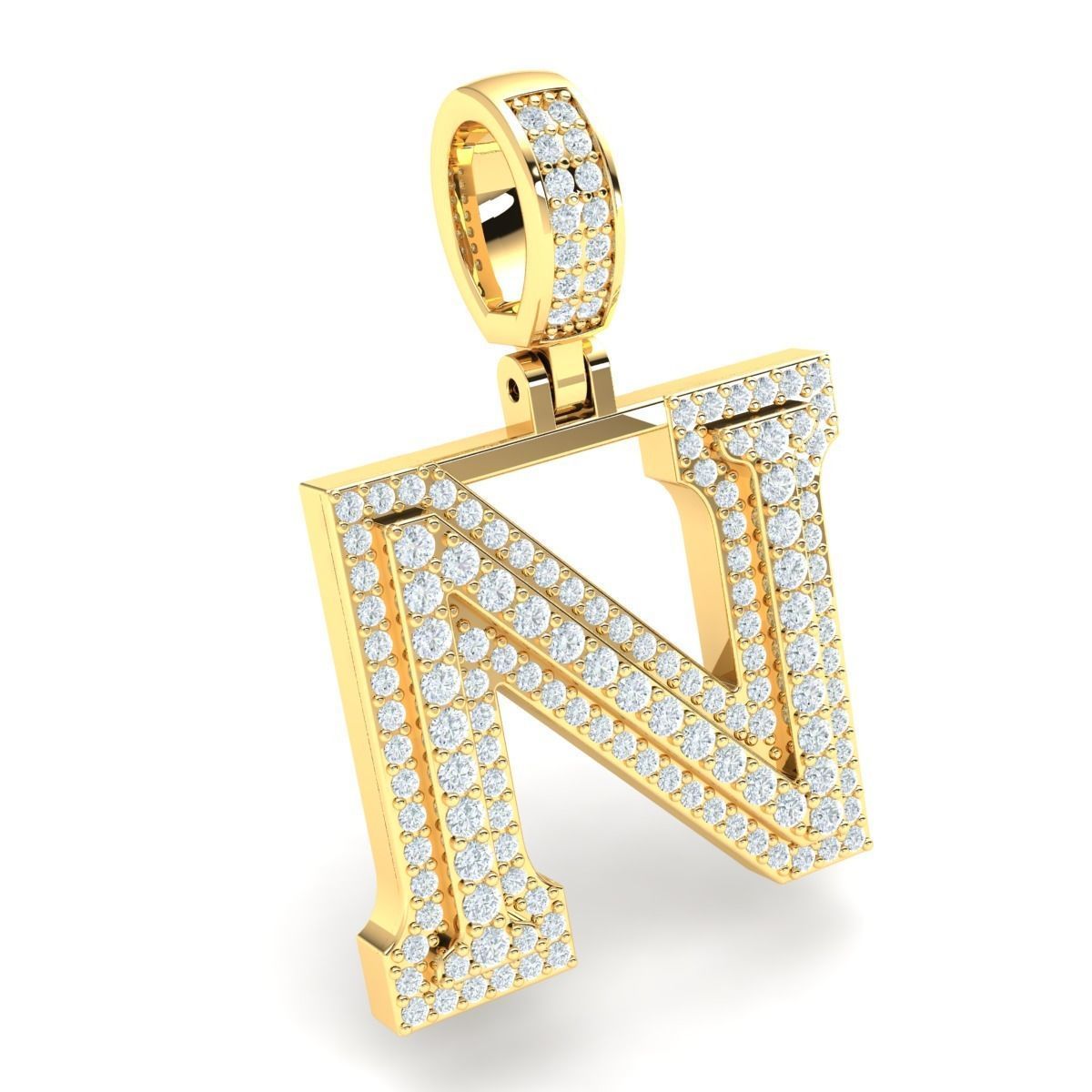Latter N letter pendant gold with diamonds 3D print model_3