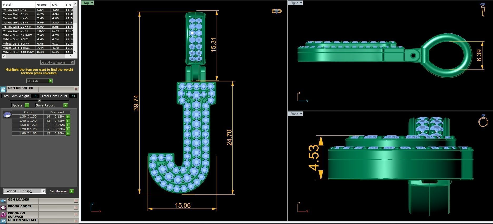 Latter J pendant gold with diamonds 3D print model_10
