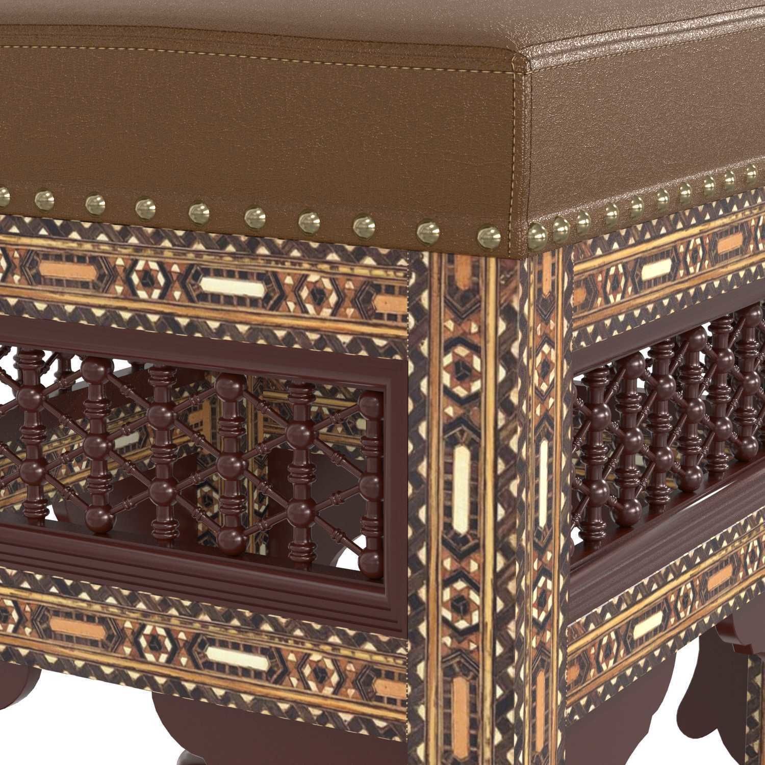 Moroccan Carved and Inlaid Square Upholstered Stool 3D model_5