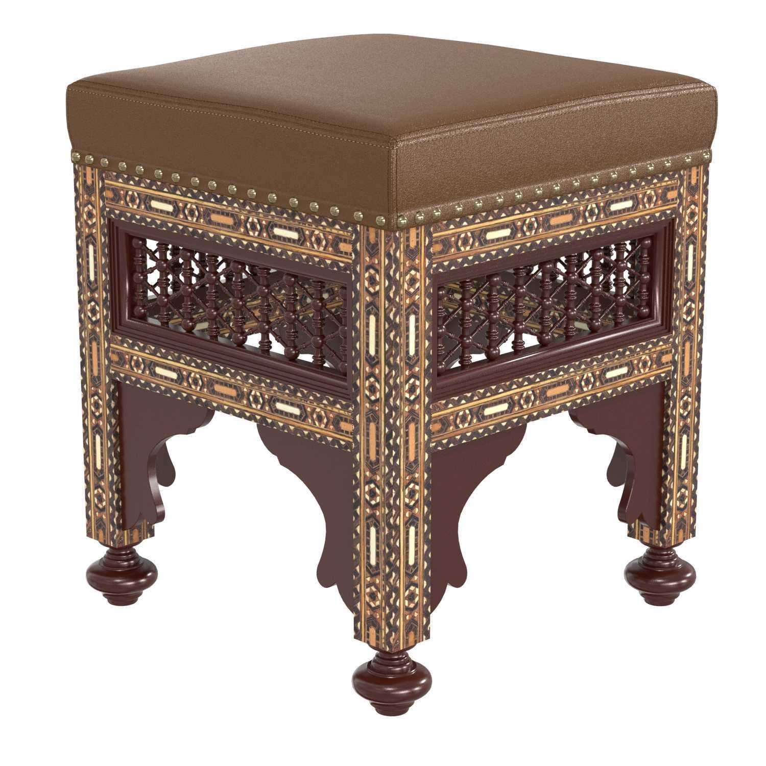 Moroccan Carved and Inlaid Square Upholstered Stool 3D model_2