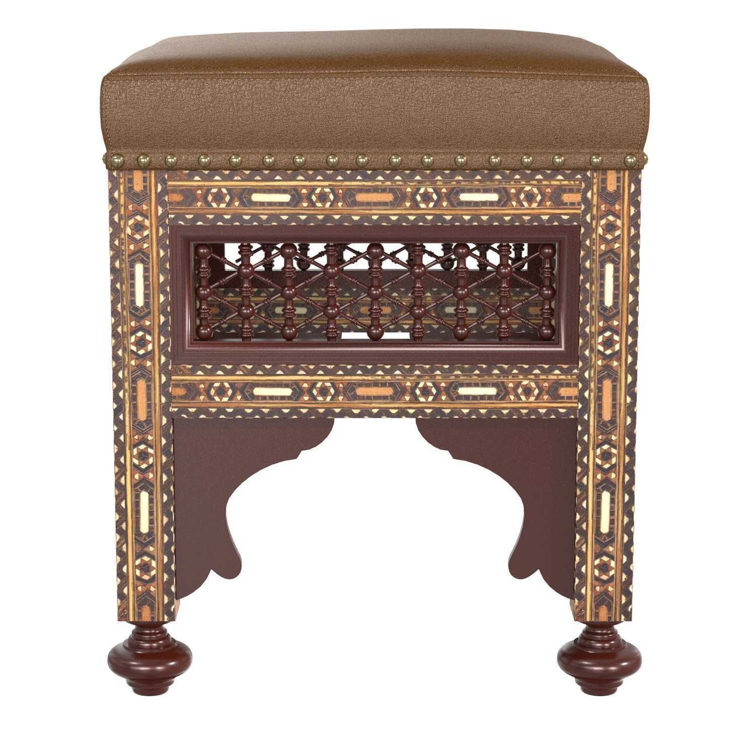 Moroccan Carved and Inlaid Square Upholstered Stool 3D model_1