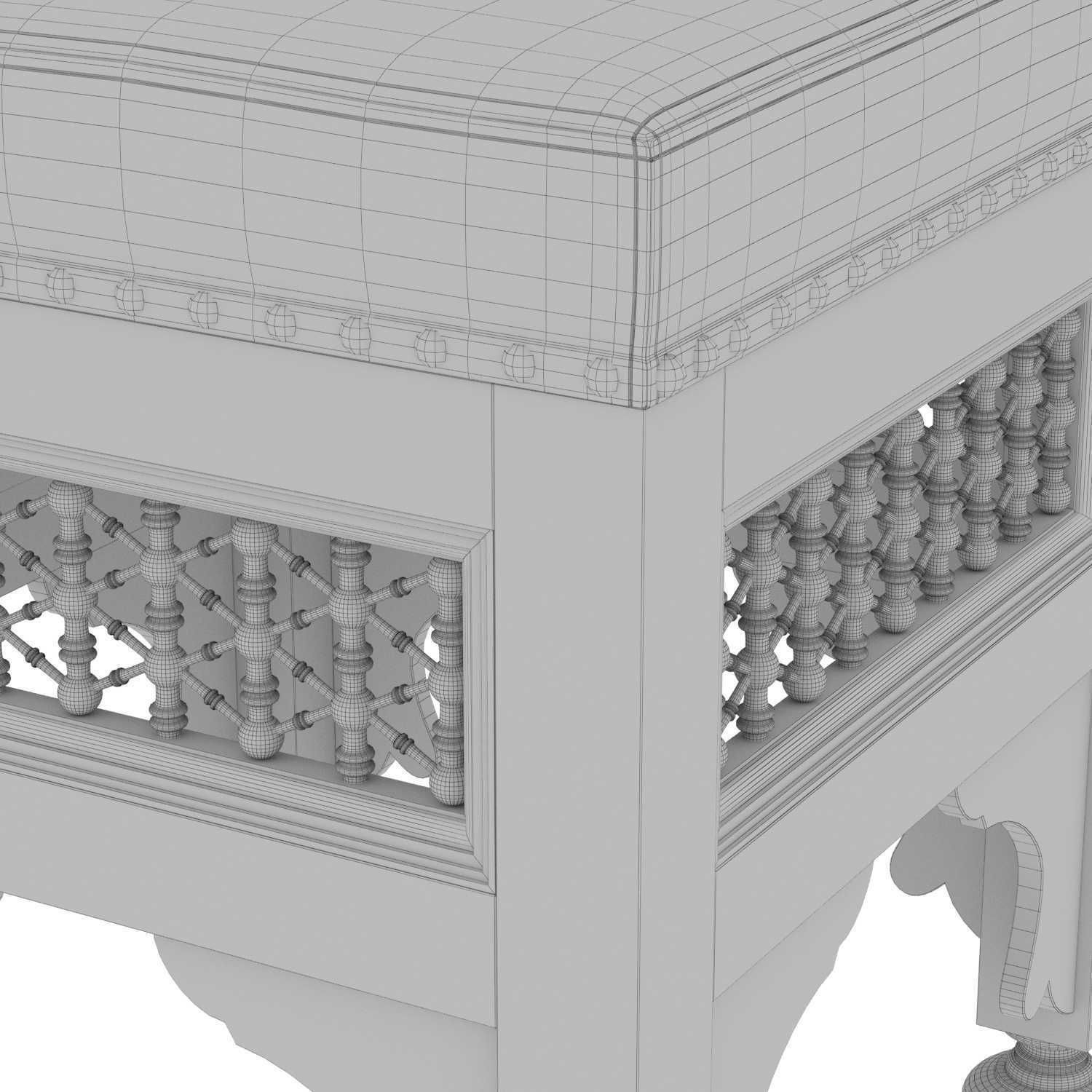 Moroccan Carved and Inlaid Square Upholstered Stool 3D model_7