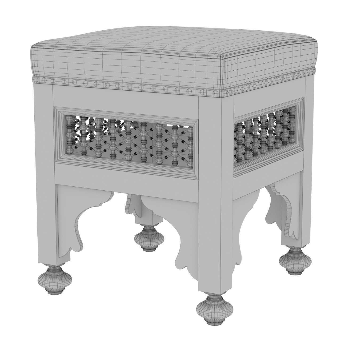 Moroccan Carved and Inlaid Square Upholstered Stool 3D model_6