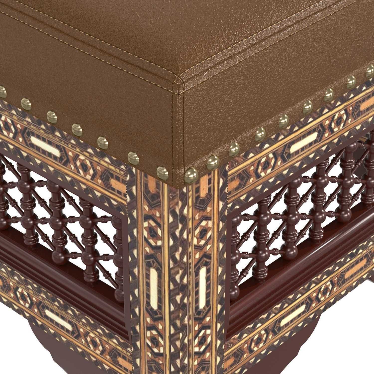 Moroccan Carved and Inlaid Square Upholstered Stool 3D model_4