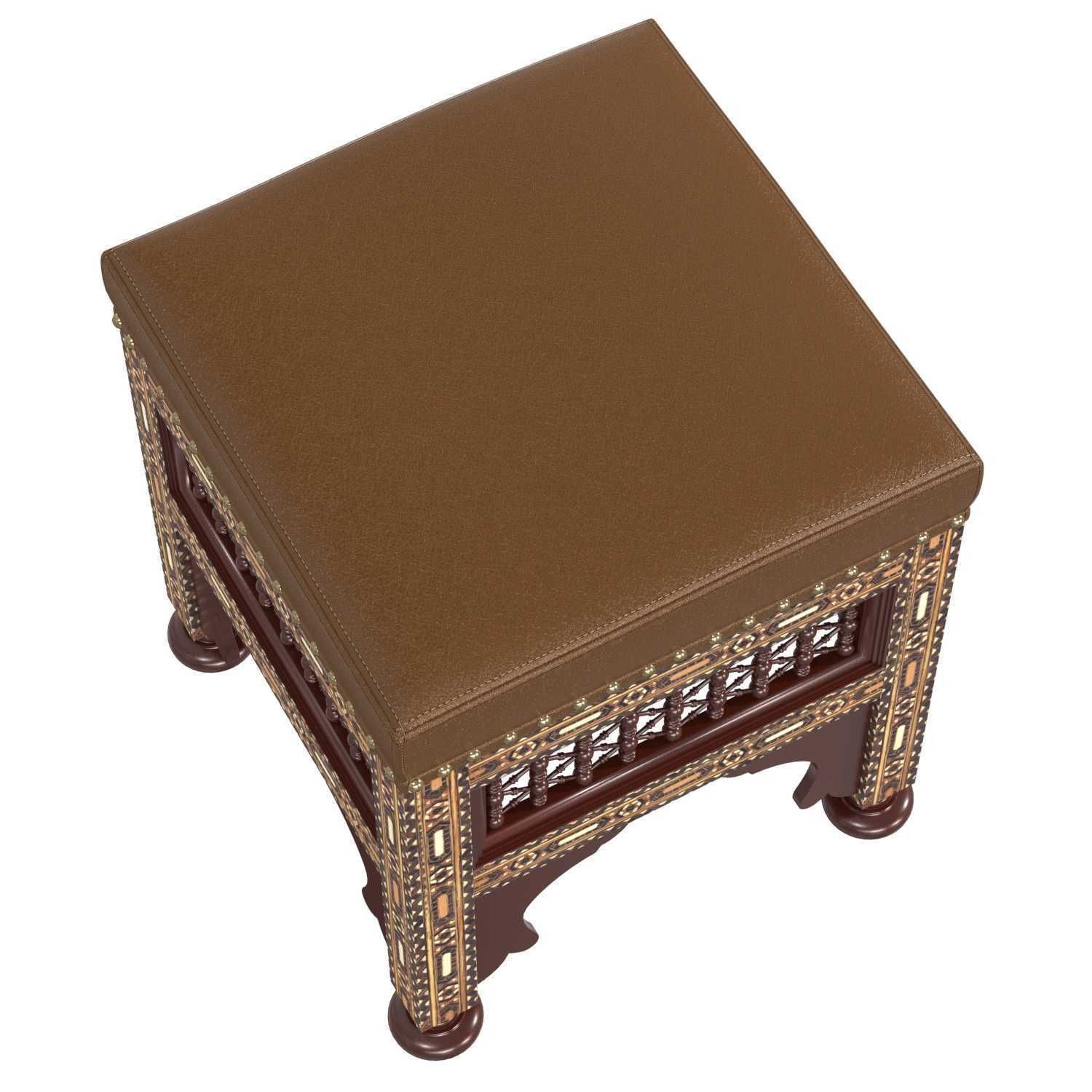Moroccan Carved and Inlaid Square Upholstered Stool 3D model_3
