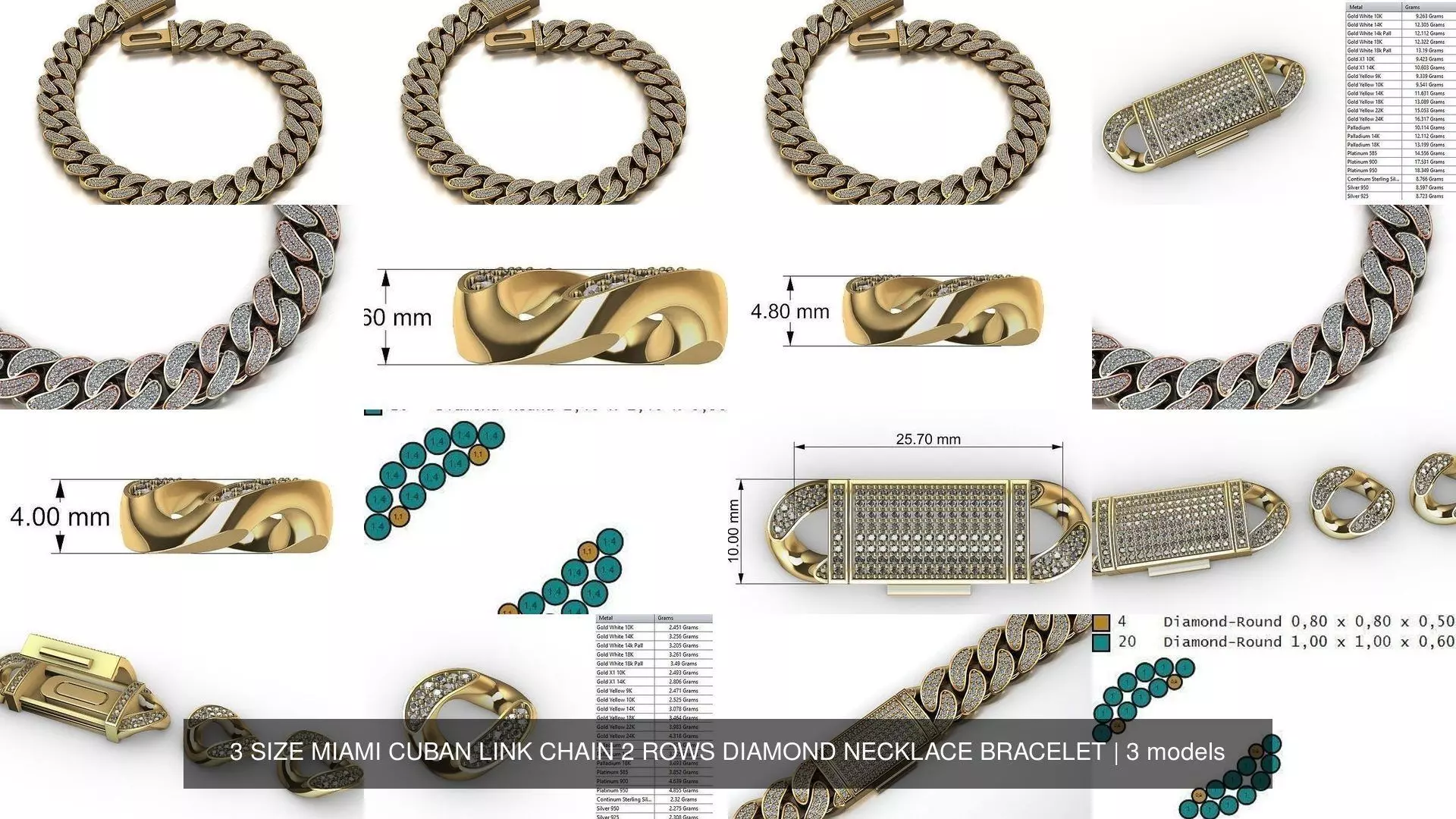 3 SIZE MIAMI CUBAN LINK CHAIN 2 ROWS DIAMOND NECKLACE BRACELET 3D Model Collection_1