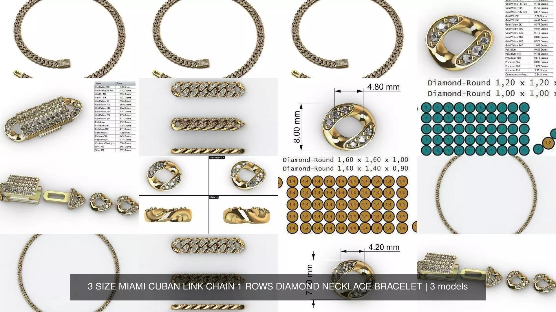 3 SIZE MIAMI CUBAN LINK CHAIN 1 ROWS DIAMOND NECKLACE BRACELET 3D Model Collection_1