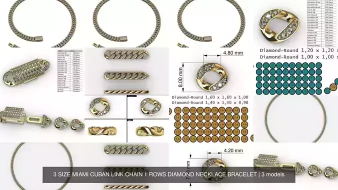 3 SIZE MIAMI CUBAN LINK CHAIN 1 ROWS DIAMOND NECKLACE BRACELET
