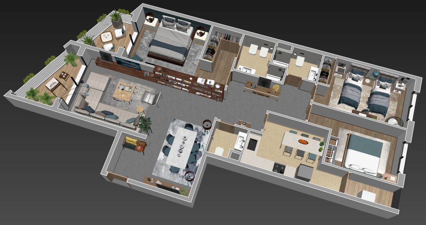 3d floorplan Z two bedroom apartment floor plan 3D model_3