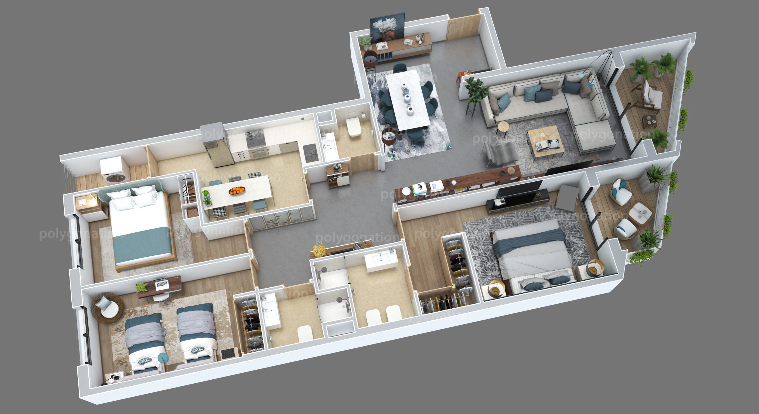 3d floorplan Z two bedroom apartment floor plan 3D model_2