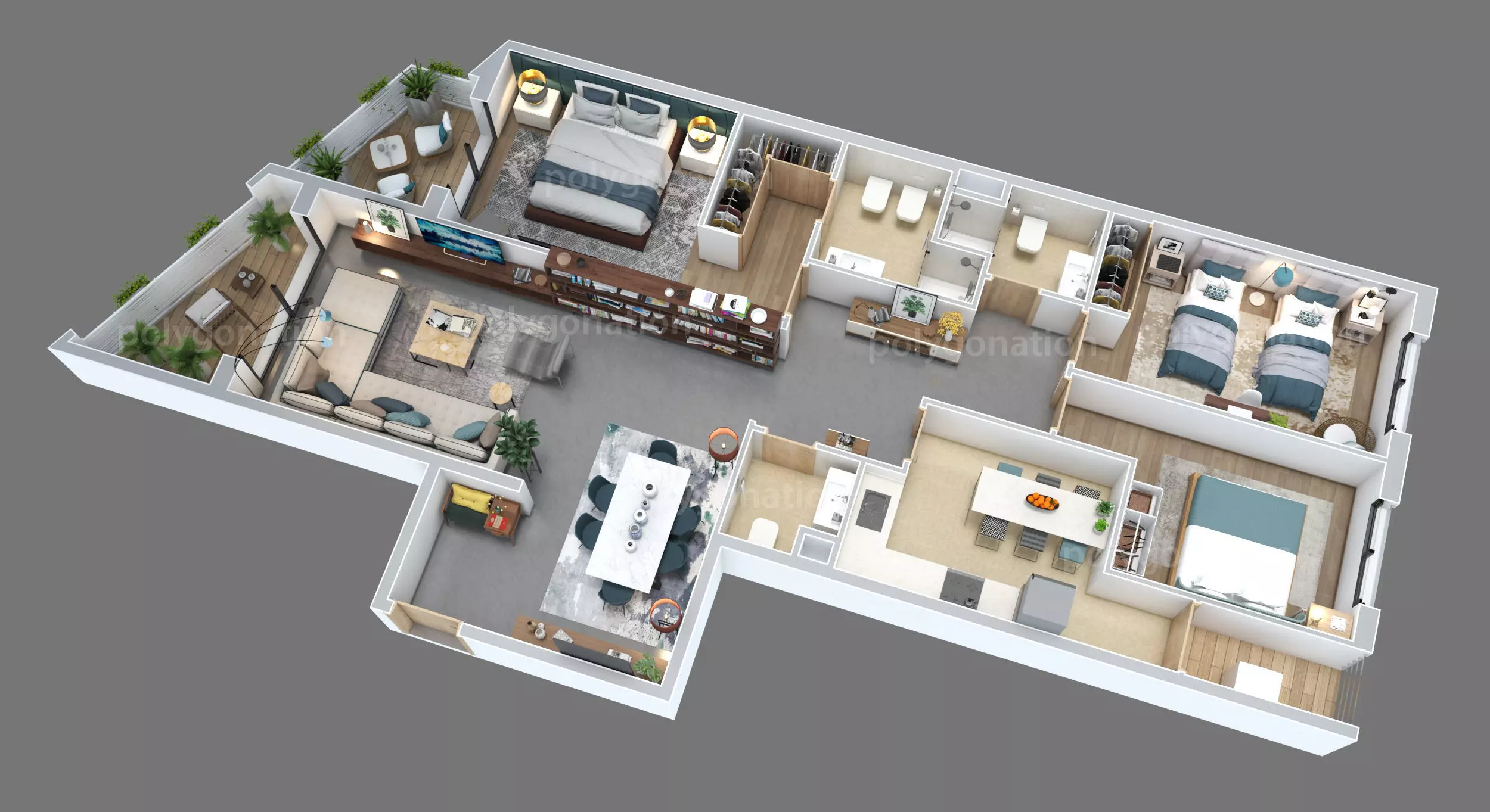 3d floorplan Z two bedroom apartment floor plan 3D model_0