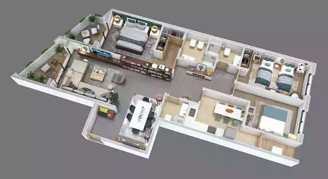 3d floorplan Z two bedroom apartment floor plan