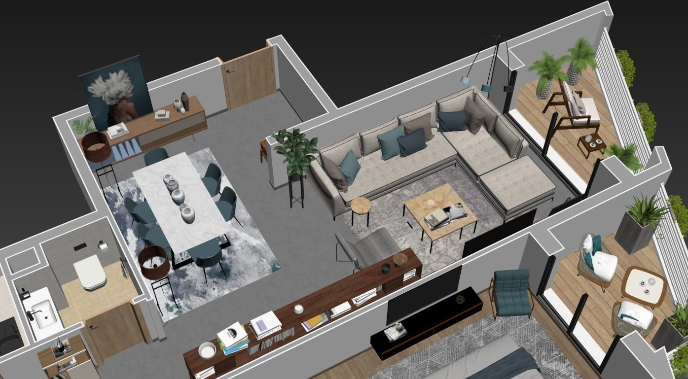 3d floorplan Z two bedroom apartment floor plan 3D model_9