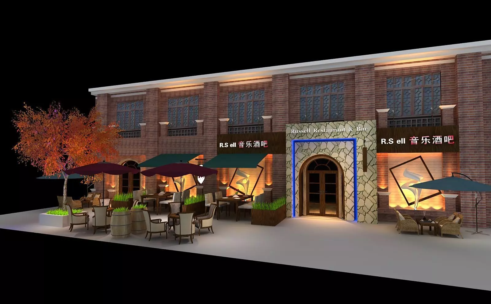 jiuba exterior of restaurant at night 3D model