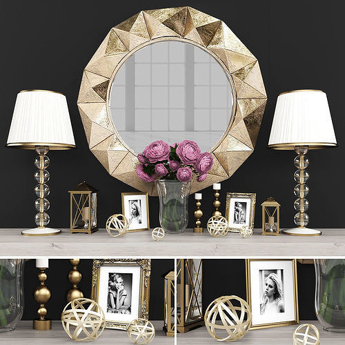Decorative set gold living room with mirror Low-poly 3D model