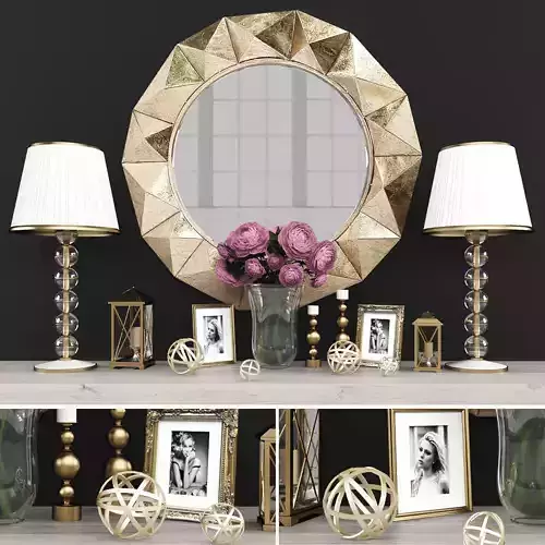 Decorative set gold living room with mirror Low-poly 3D model