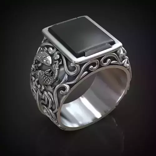 Signet Ring fishes black onyx gemstone