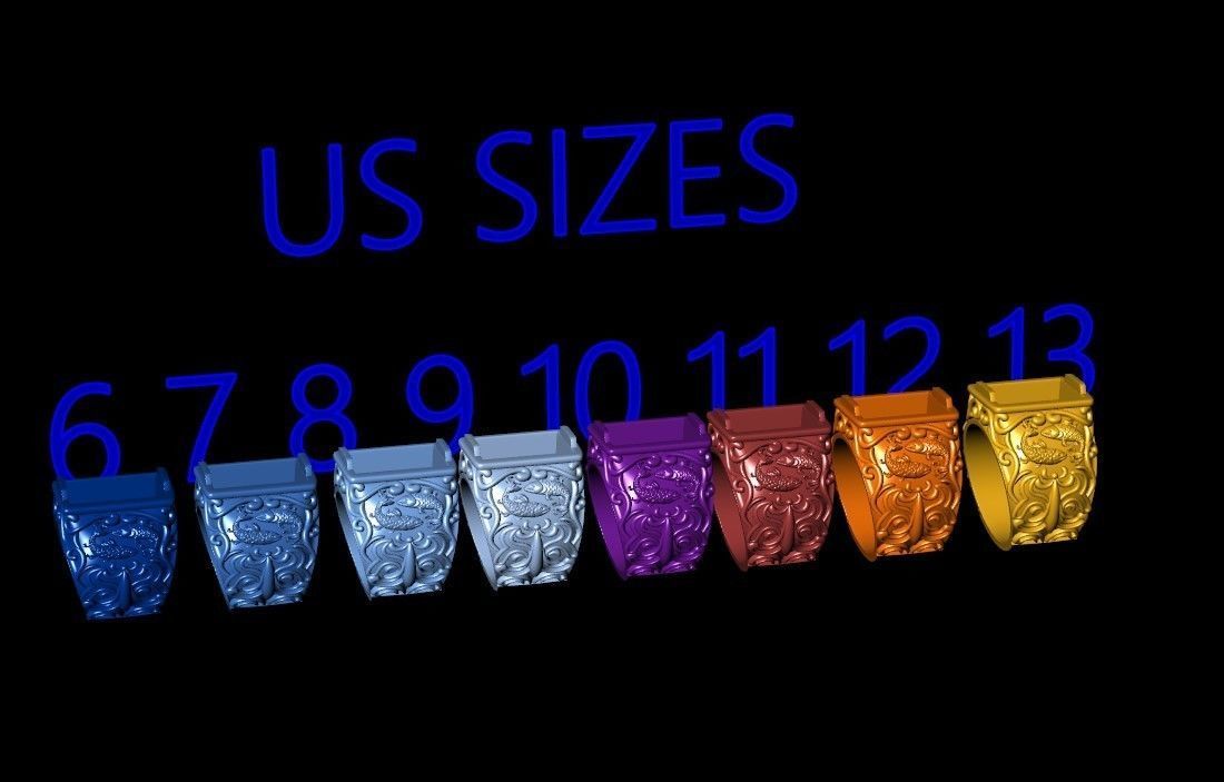 Signet Ring fishes black onyx gemstone 3D print model_16