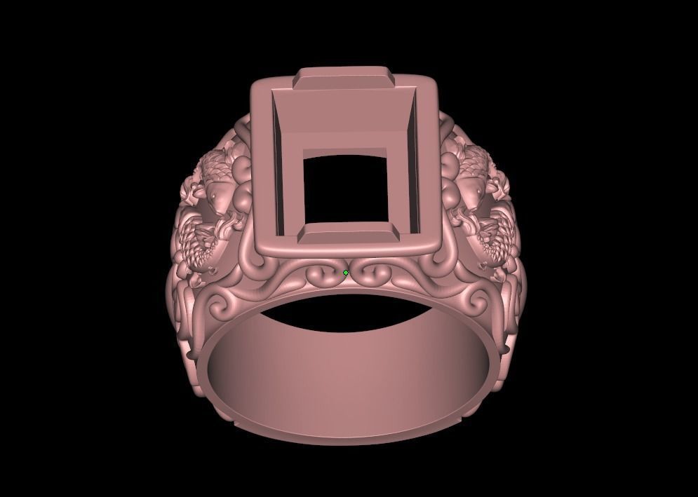 Signet Ring fishes black onyx gemstone 3D print model_3