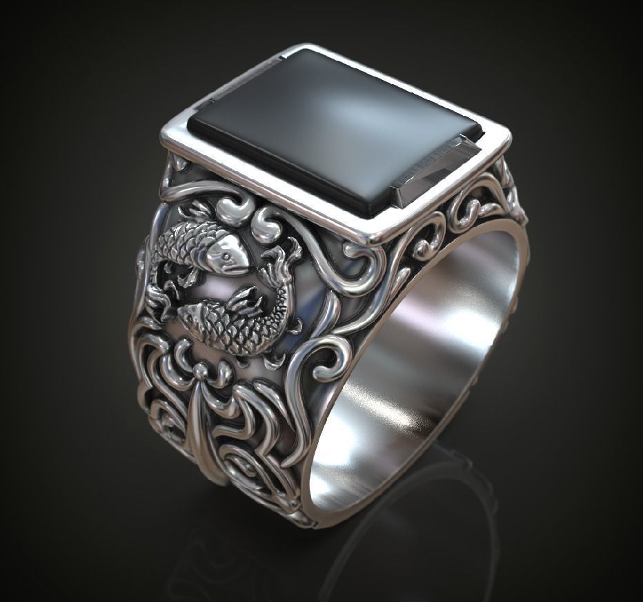 Signet Ring fishes black onyx gemstone 3D print model_1