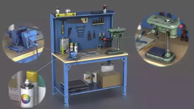 WORKBENCH with tools Low-poly 3D model