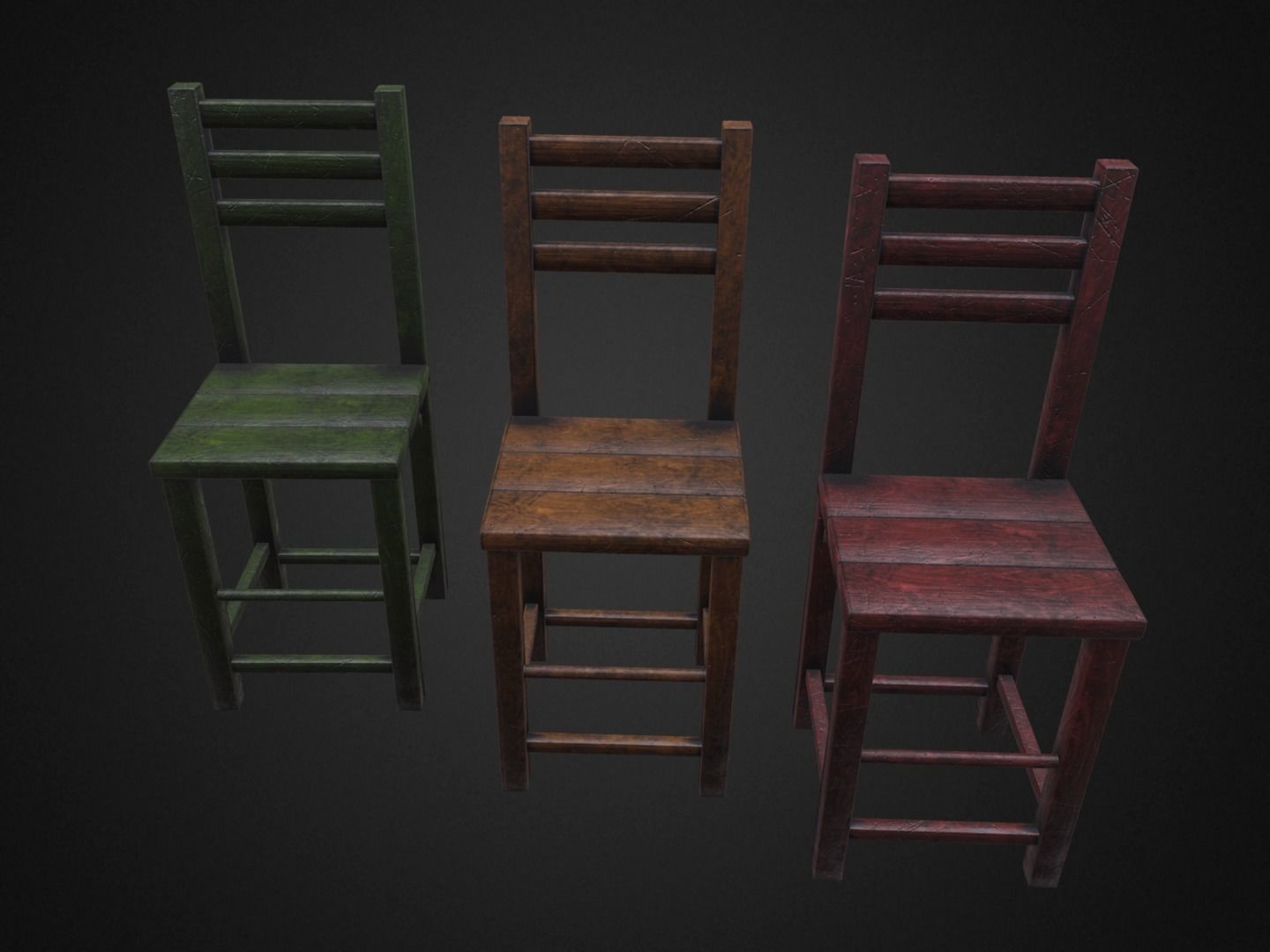 Medieval Table and  3 Chairs Low-poly 3D model_6
