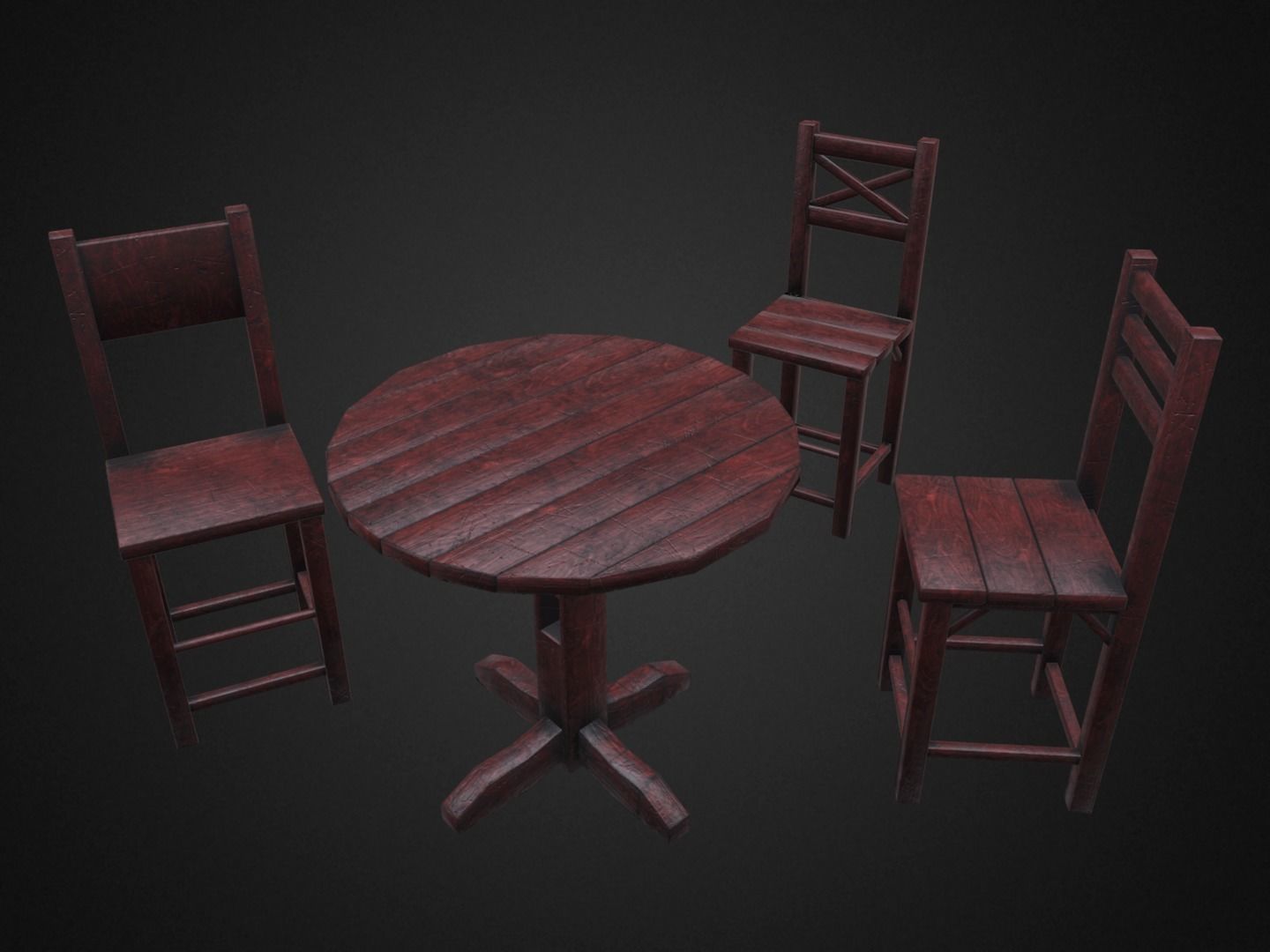 Medieval Table and  3 Chairs Low-poly 3D model_2