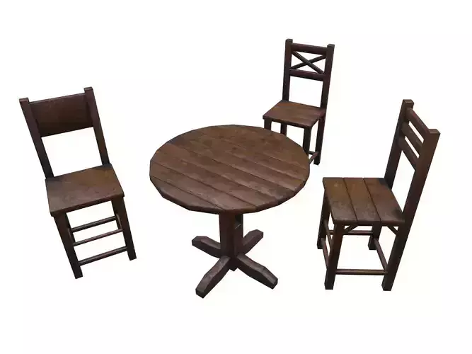 Medieval Table and  3 Chairs Low-poly 3D model