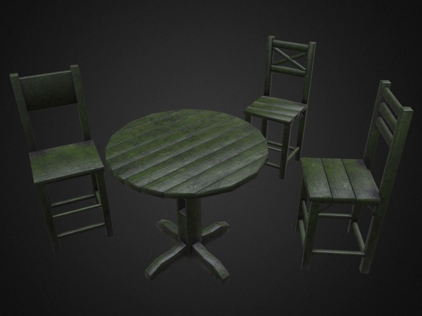 Medieval Table and  3 Chairs Low-poly 3D model_3
