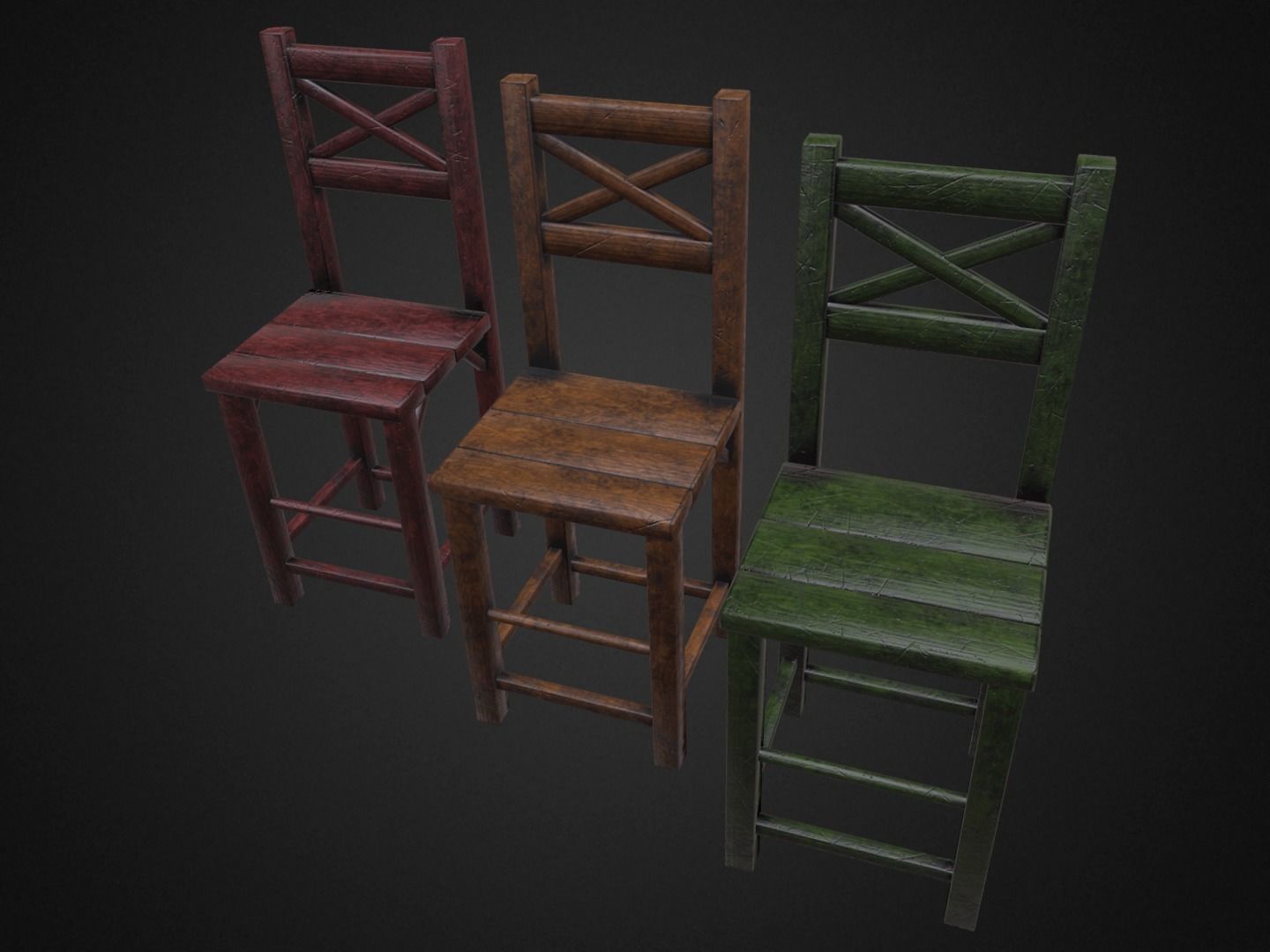 Medieval Table and  3 Chairs Low-poly 3D model_5