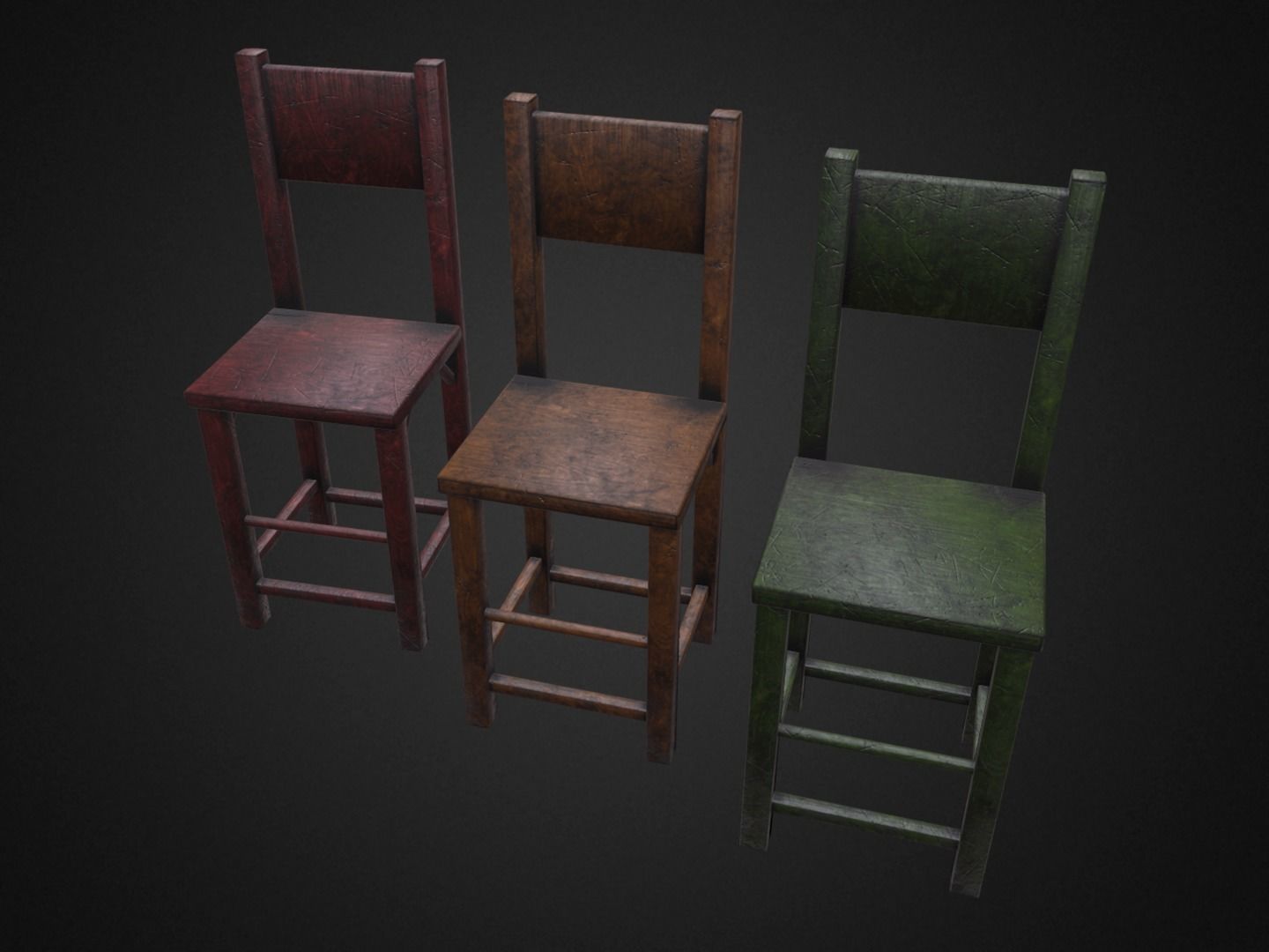 Medieval Table and  3 Chairs Low-poly 3D model_4