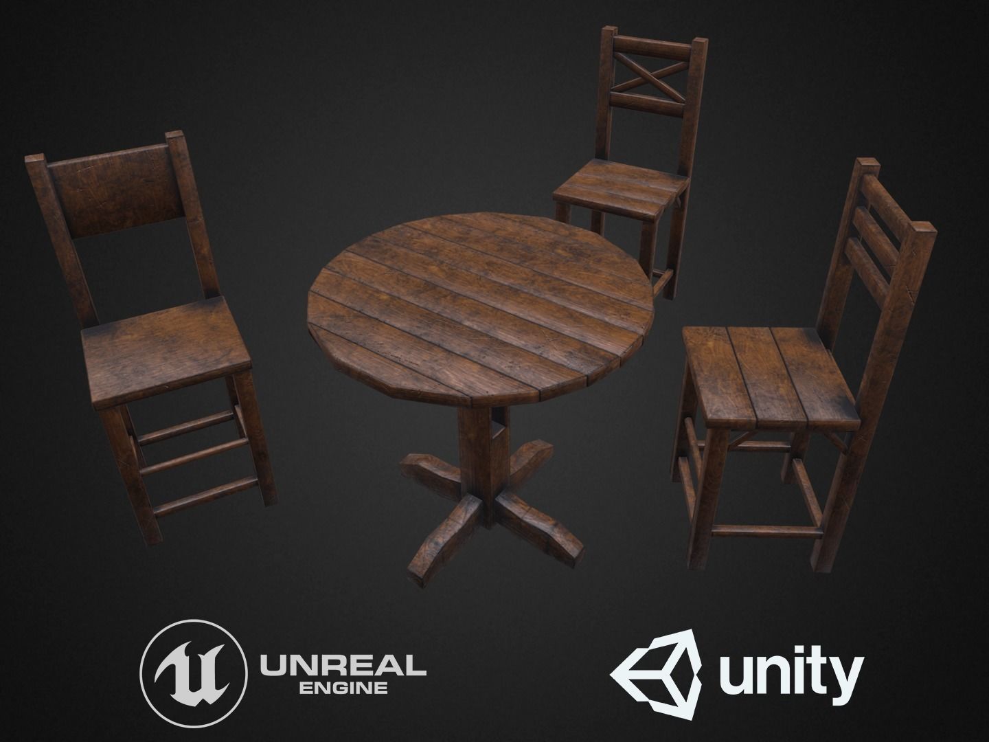 Medieval Table and  3 Chairs Low-poly 3D model_1