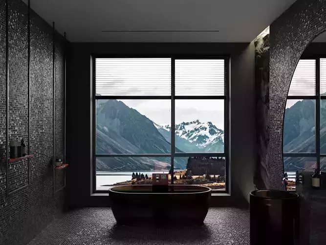 Realistic bathroom with mountains