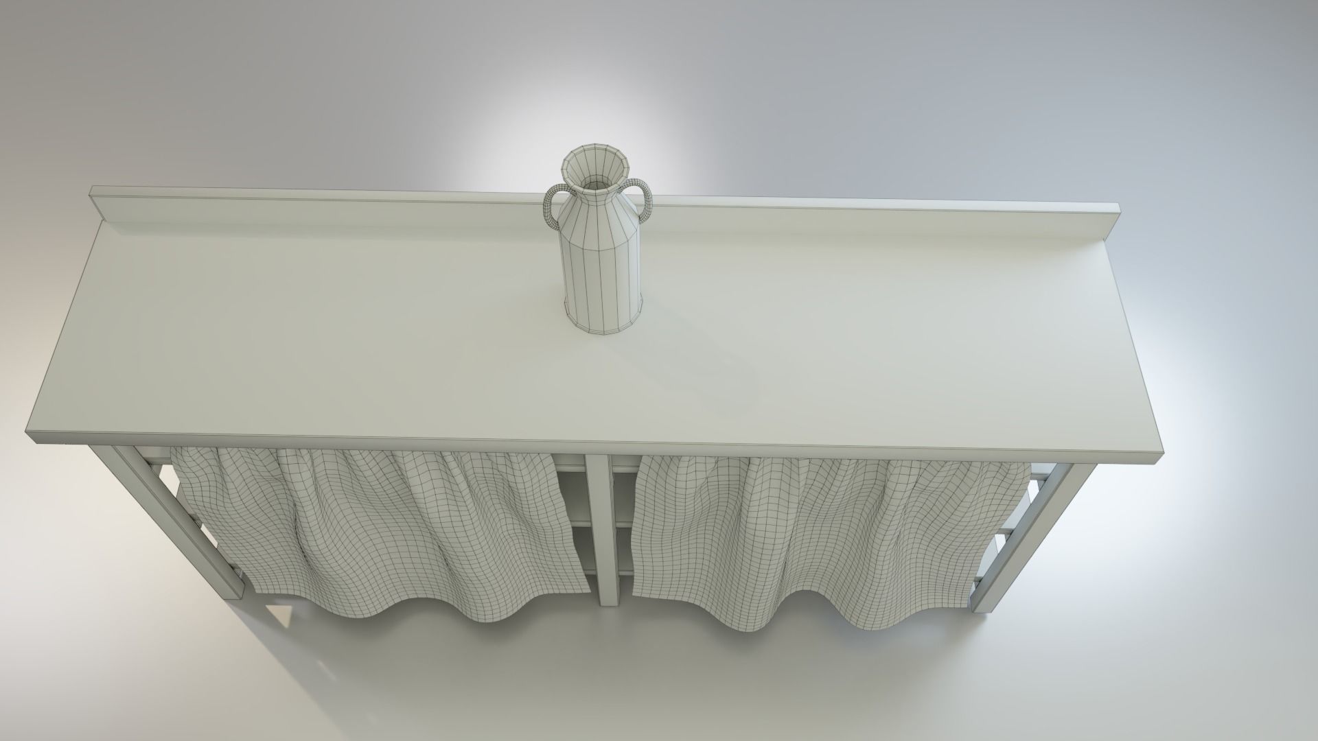 Rustic wooden counter shelves with curtain Low-poly 3D model_5